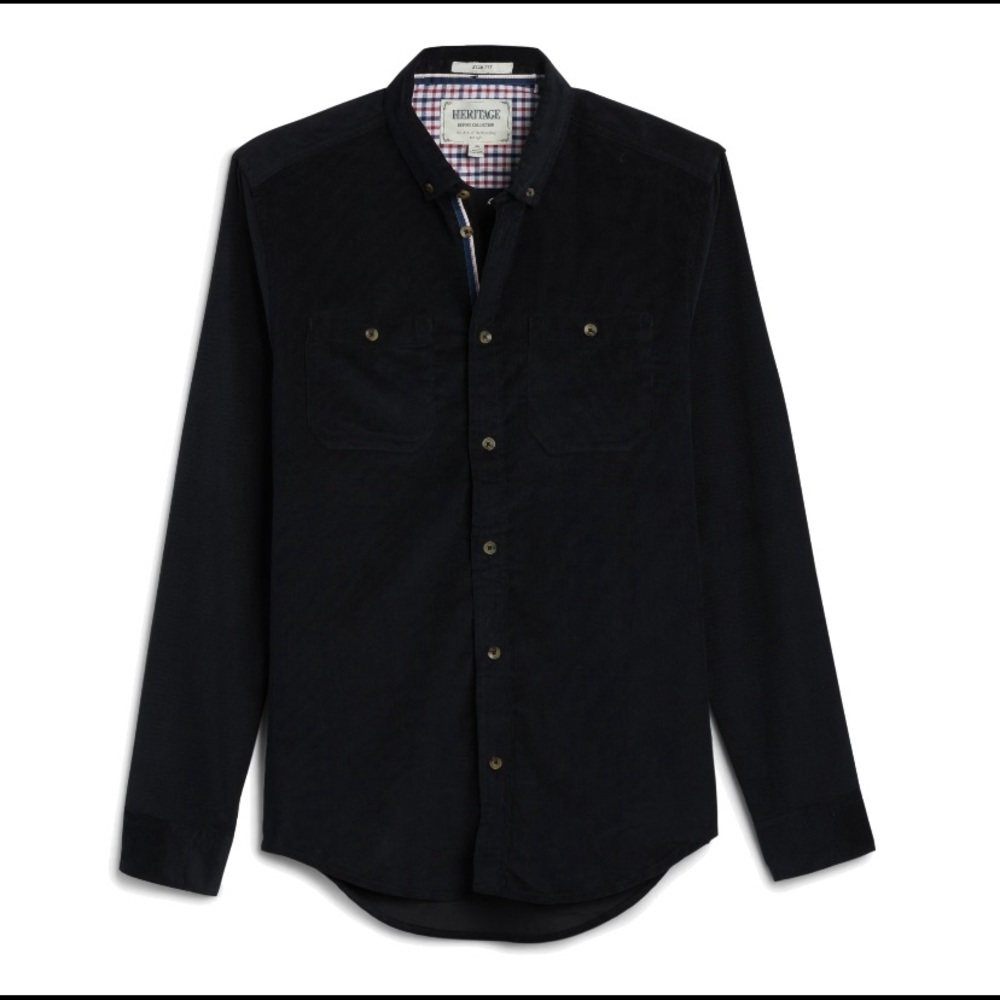 Navy blue, cotton yarn dye long sleeve shirt